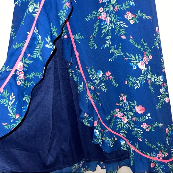 Lulus Midi Dress Size Small Darling‎ Date Navy Blue Floral Ruffled Wrap Fitted - Picture 8 of 14